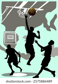 basketball players in action silhouettes vector illustration background new quality universal colorful joyful stock image