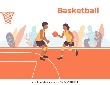 Basketball players in action. Woman and man playing game basketball together. Cartoon flat vector illustration, banner, poster, web page.