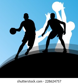 Basketball players active sport silhouettes vector background illustration