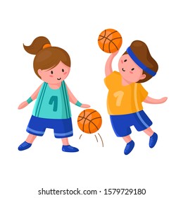 Basketball Players With Ball - Cute Cartoon Boy And Girl Isolated On White, People Doing Sport, Guy Jumps And Throws The Ball At Goal, Two Children Or Kids Train In Basketball Studio - Vector Concept