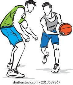 basketball players with ball having fun sports concept vector illustration