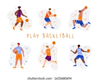 Basketball players with ball - set of isolated people characters, African American and white men playing, guys jumping with ball, muscular basketball players - isolated flat vector for poster, merch