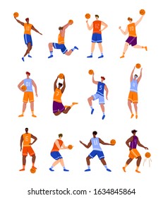 Basketball players with ball - set of isolated people characters, African American and white men playing, guys jumping with ball, muscular basketball players - isolated flat vector for poster, merch