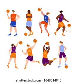 Basketball players with ball - set of isolated people African American and white women and men playing, jumping with ball, muscular basketball players isolated flat characters vector for poster, merch