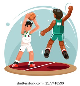 Basketball players ball throw protection attack characters team play flat design vector illustration