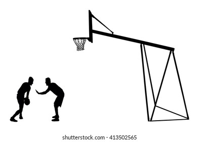 Basketball players black silhouette vector illustration isolated on white background. Basketball hoop vector silhouette illustration.