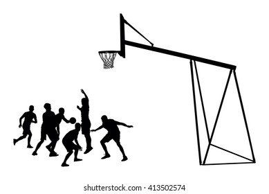 Basketball players black silhouette vector illustration isolated on white background. Basketball hoop vector silhouette illustration.