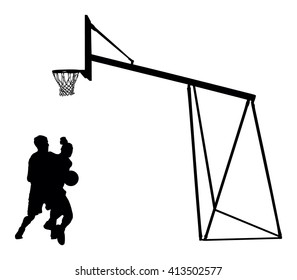 Basketball players black silhouette vector illustration isolated on white background. Basketball hoop vector silhouette illustration.