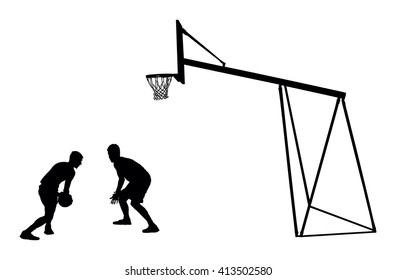 Basketball players black silhouette vector illustration isolated on white background. Basketball hoop vector silhouette illustration.