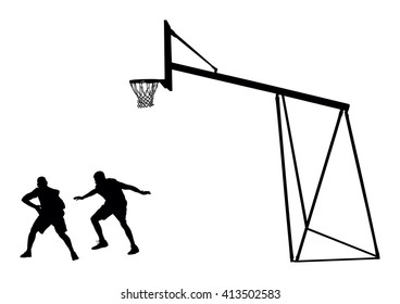 Basketball players black silhouette vector illustration isolated on white background. Basketball hoop vector silhouette illustration.