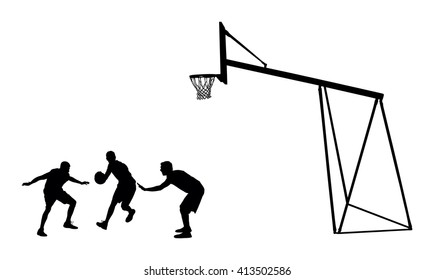 Basketball players black silhouette vector illustration isolated on white background. Basketball hoop vector silhouette illustration.