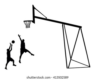 Basketball players black silhouette vector illustration isolated on white background. Basketball hoop vector silhouette illustration.