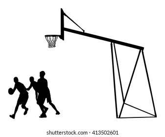 Basketball players black silhouette vector illustration isolated on white background. Basketball hoop vector silhouette illustration.