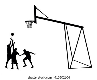 Basketball players black silhouette vector illustration isolated on white background. Basketball hoop vector silhouette illustration. Sportsman playing basketball. basket action on the street.