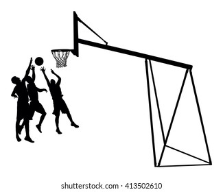 Basketball players black silhouette vector illustration isolated on white background. Basketball hoop vector silhouette illustration.