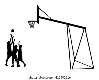 Basketball players black silhouette vector illustration isolated on white background. Basketball hoop vector silhouette illustration.