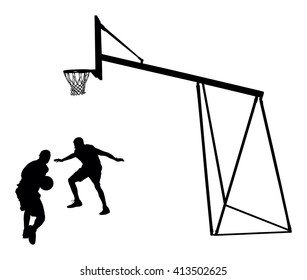 Basketball players black silhouette vector illustration isolated on white background. Basketball hoop vector silhouette illustration.