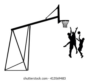 Basketball players black silhouette vector illustration isolated on white background. Basketball hoop vector silhouette illustration. Street basket game action. 