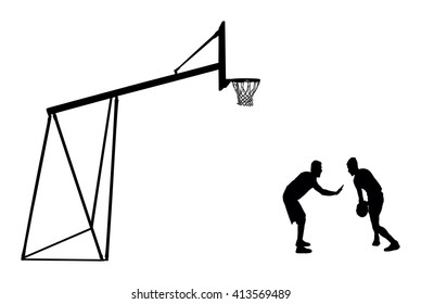 Basketball players black silhouette vector illustration isolated on white background. Basketball hoop vector silhouette illustration.