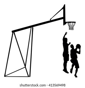 Basketball players black silhouette vector illustration isolated on white background. Basketball hoop vector silhouette illustration.