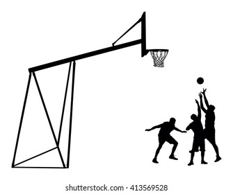 Basketball players black silhouette vector illustration isolated on white background. Basketball hoop vector silhouette illustration.