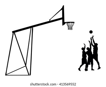 Basketball players black silhouette vector illustration isolated on white background. Basketball hoop vector silhouette illustration.