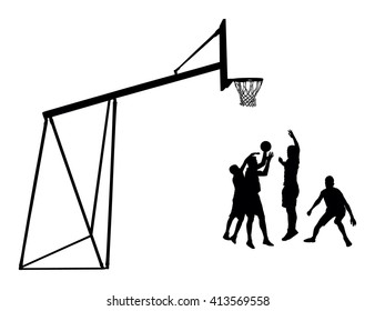 Basketball players black silhouette vector illustration isolated on white background. Basketball hoop vector silhouette illustration.