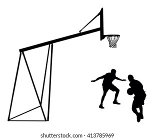 Basketball players black silhouette vector illustration isolated on white background. Basketball hoop vector silhouette illustration.