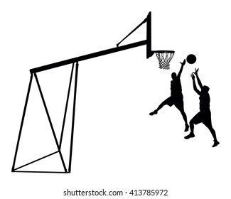 Basketball players black silhouette vector illustration isolated on white background. Basketball hoop vector silhouette illustration.