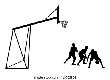 Basketball players black silhouette vector illustration isolated on white background. Basketball hoop vector silhouette illustration.