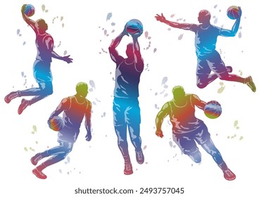 Basketball Players Colorful Gradation Silhouette Set Isolated On A White Background. Vector Illustration. 