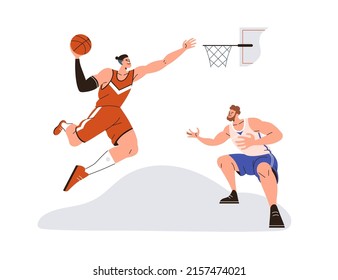 Jugadores de baloncesto jugando en torneos. Atleta saltando, lanzando, sumergiendo pelota en la cesta de la red, goleando en el juego deportivo. Ilustración vectorial plana aislada en fondo blanco