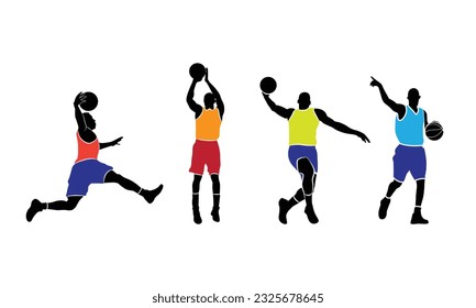 Basketball players different poses in silhouette flat vector illustration isolated on white background.