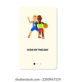 Basketball players flat vector icon. Young sportsmen with ball playing basketball isolated sign. Basketball concept. Vector illustration symbol elements for web