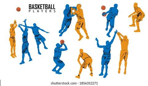 Basketball Players. Game situation: attack, fight, throw, protection Vector set of colored silhouettes