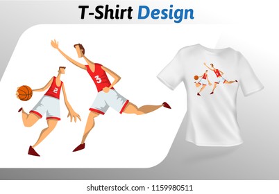 Basketball players in the game, t-shirt print. Colorful mock up t-shirt design template. Vector template, isolated on white background.