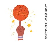 Basketball players hand with ball spinning on finger. Professional athlete holding ball in balance with stars and spin lines, character training before sport match cartoon vector illustration