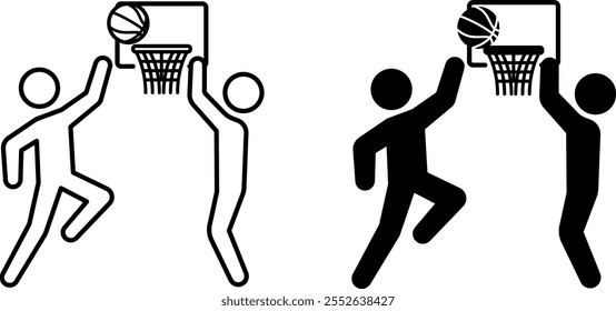 Ícones dos jogadores de basquete. Ilustrações de vetor em preto e branco. Esportistas Jogando Basquete. Jogadores De Basquete Jogando Bola Na Cesta. Conceito Esportivo