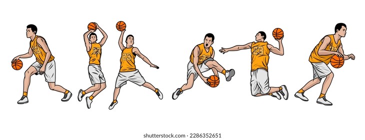 Basketball players illustration vector. Group of basketball players in different playing positions. basketball players team in uniform with ball isolated on white background