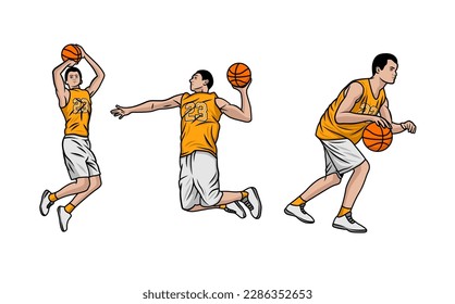 Basketball players illustration vector. Group of basketball players in different playing positions. basketball players team in uniform with ball isolated on white background