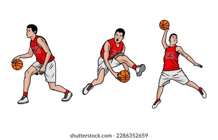 Basketball players illustration vector. Group of basketball players in different playing positions. basketball players team in uniform with ball isolated on white background