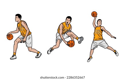 Basketball players illustration vector. Group of basketball players in different playing positions. basketball players team in uniform with ball isolated on white background