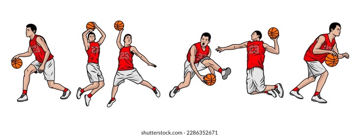 Basketball players illustration vector. Group of basketball players in different playing positions. basketball players team in uniform with ball isolated on white background