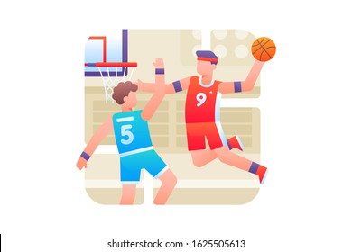 Basketball players jump and dunk into the basketball ring. Basketball vector illustration for poster design element background