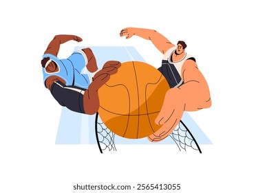 Basketball players jump, rushing to goal. Sportsmen throw ball into basket, hoop. Athletes training, contest in sports game, competition. Flat isolated vector illustration on white background