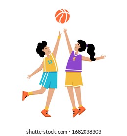 Basketball players jumping to ball. Young girl and boy cartoon action character. Flat vector isolated illustration. Children's basketball championship poster, banner design

