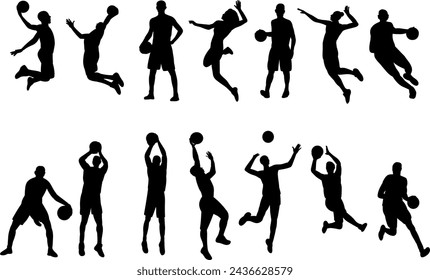 basketball players, men playing basketball, set, collection, vector, silhouette