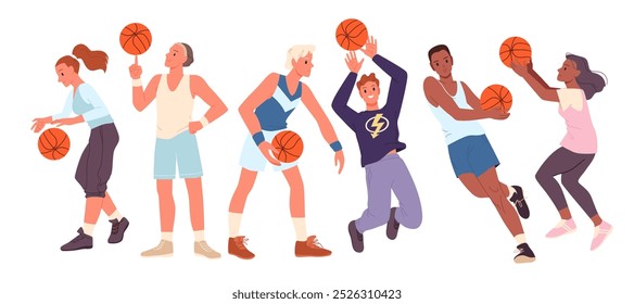 Basketball players in motion set. Female and male athletes in sport uniform playing, young active champion characters training to jump, defense and throw ball into basket cartoon vector illustration