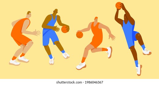 basketball players in orange and blue uniforms in different poses. set 