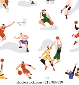 Basketball players pattern with athletes playing basket ball game. Seamless background with sport people print. Repeating texture with men, women dribbling, throwing. Colored flat vector illustration